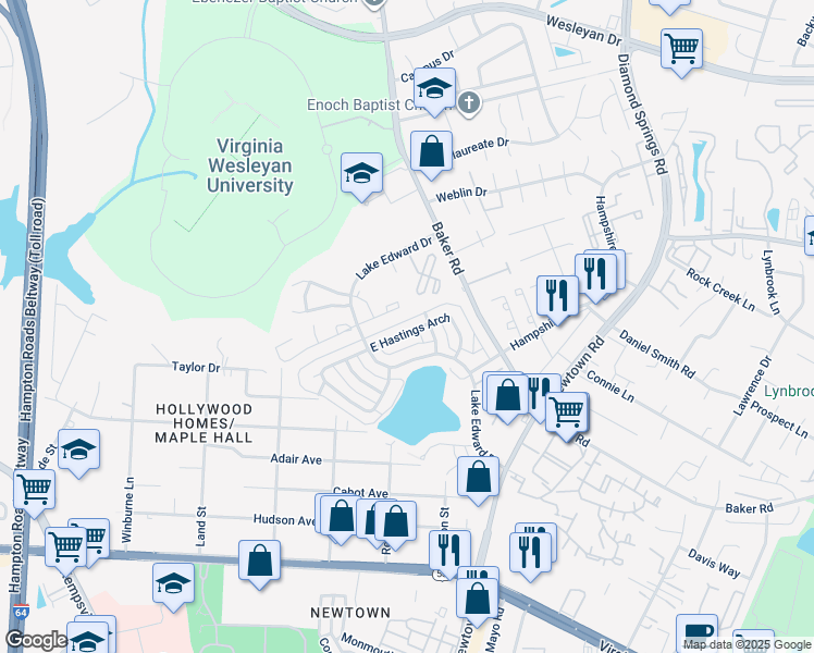 map of restaurants, bars, coffee shops, grocery stores, and more near 5814 East Hastings Arch in Virginia Beach