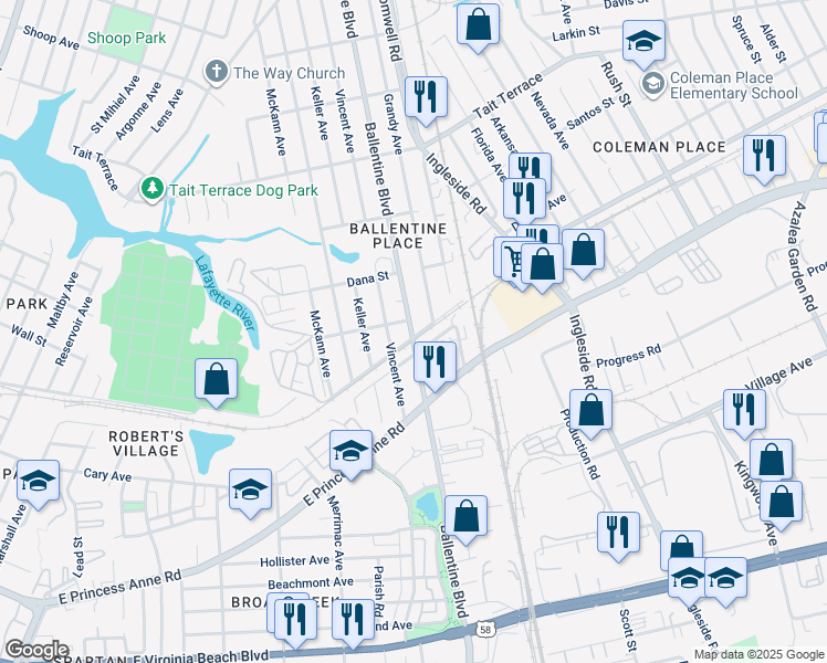 map of restaurants, bars, coffee shops, grocery stores, and more near 2303 Grandy Avenue in Norfolk