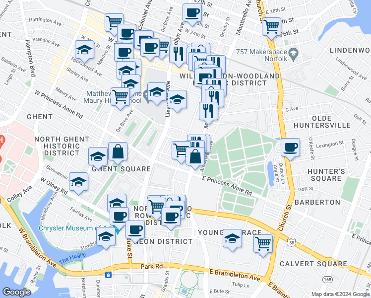 map of restaurants, bars, coffee shops, grocery stores, and more near 1400 Granby Street in Norfolk
