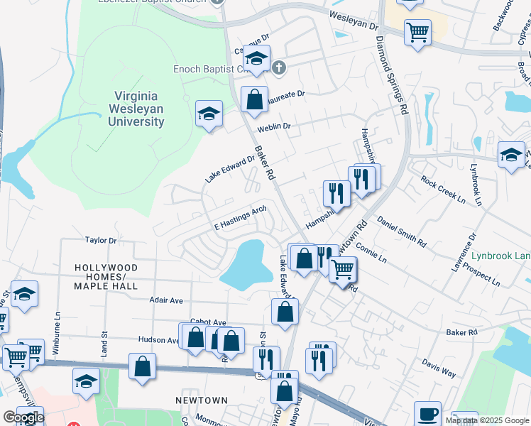 map of restaurants, bars, coffee shops, grocery stores, and more near 5741 East Hastings Arch in Virginia Beach