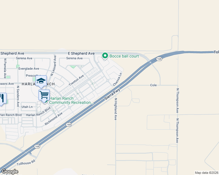map of restaurants, bars, coffee shops, grocery stores, and more near 4177 Chessa Lane in Clovis