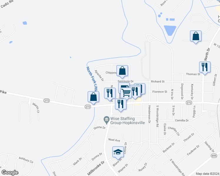 map of restaurants, bars, coffee shops, grocery stores, and more near 301 Navaho Trail in Hopkinsville