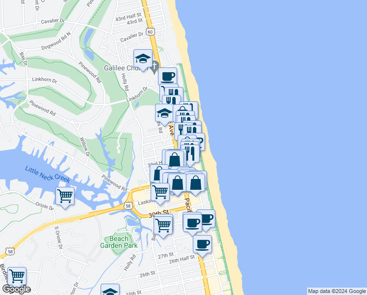 map of restaurants, bars, coffee shops, grocery stores, and more near 205 34th Street in Virginia Beach
