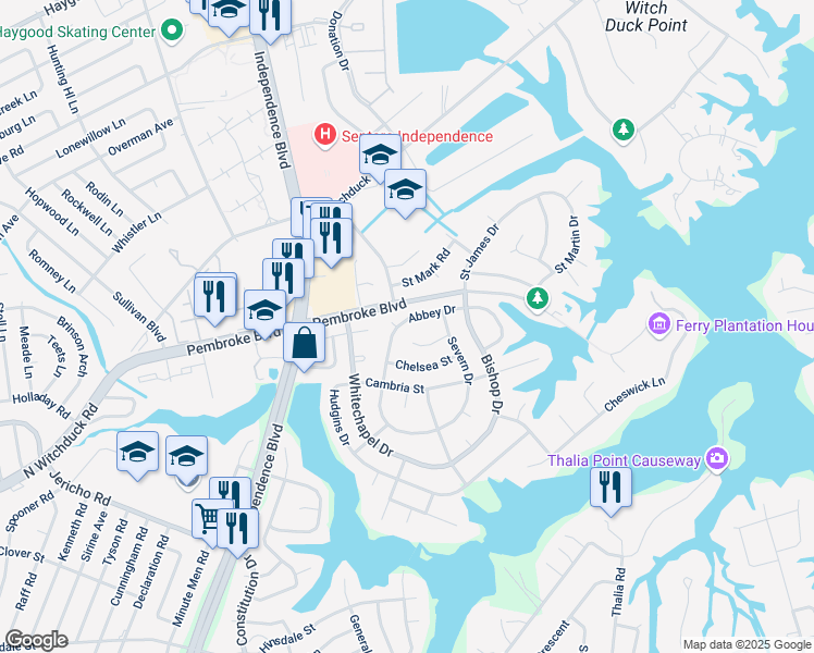 map of restaurants, bars, coffee shops, grocery stores, and more near 732 Abbey Dr in Virginia Beach