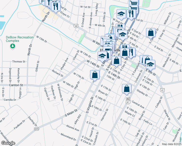map of restaurants, bars, coffee shops, grocery stores, and more near Bethel Street in Hopkinsville