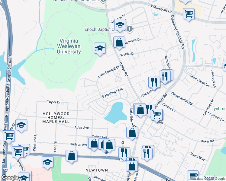 map of restaurants, bars, coffee shops, grocery stores, and more near 5816 East Hastings Arch in Virginia Beach