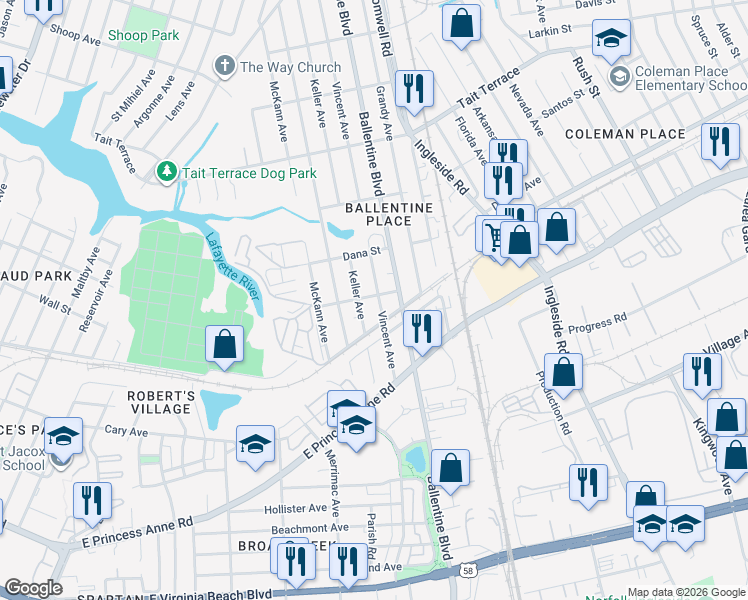 map of restaurants, bars, coffee shops, grocery stores, and more near 2222 Vincent Avenue in Norfolk