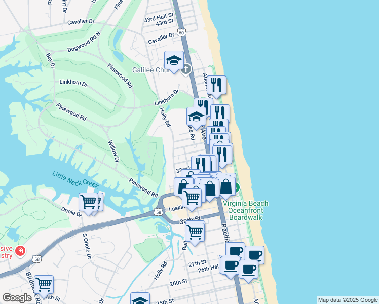 map of restaurants, bars, coffee shops, grocery stores, and more near 3330 Pacific Avenue in Virginia Beach