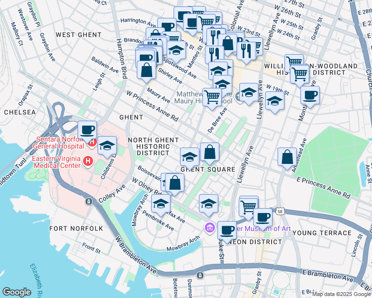 map of restaurants, bars, coffee shops, grocery stores, and more near 1005 Colonial Avenue in Norfolk
