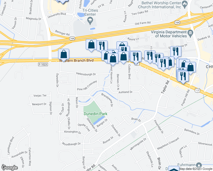 map of restaurants, bars, coffee shops, grocery stores, and more near 3540 Forest Haven Lane in Chesapeake