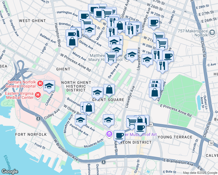 map of restaurants, bars, coffee shops, grocery stores, and more near 472 Westover Mews in Norfolk