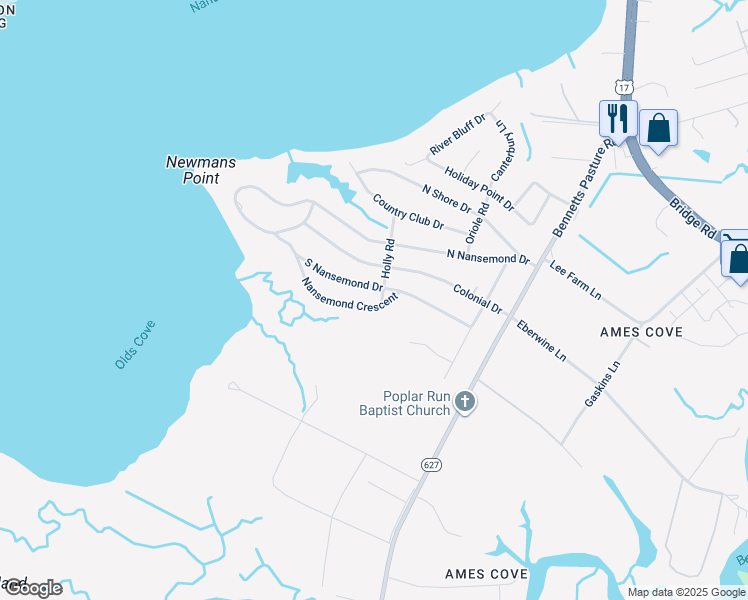 map of restaurants, bars, coffee shops, grocery stores, and more near 2748 Nansemond Crescent in Suffolk