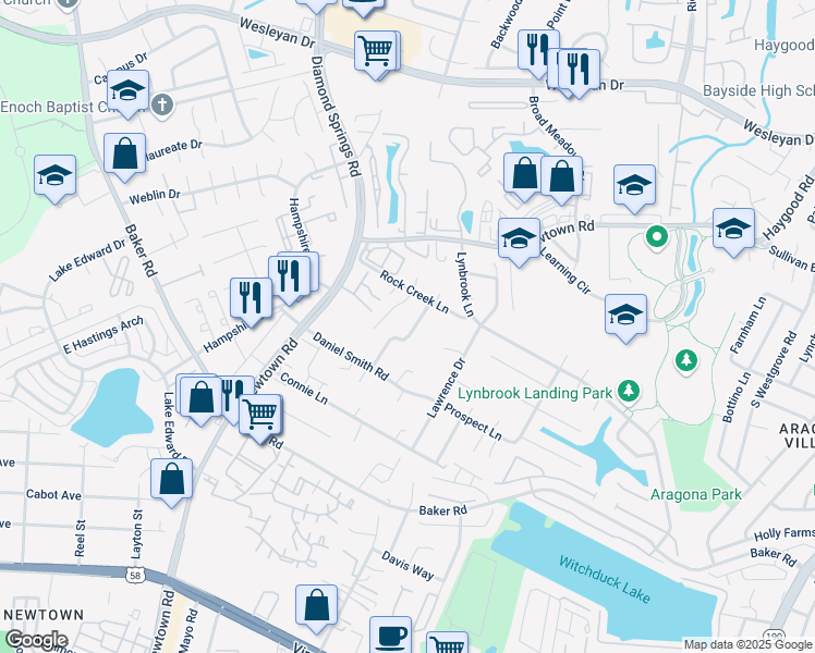map of restaurants, bars, coffee shops, grocery stores, and more near 733 Cason Lane in Virginia Beach