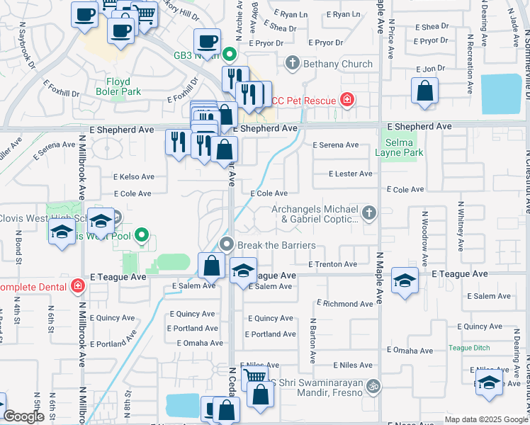 map of restaurants, bars, coffee shops, grocery stores, and more near 8666 North Cedar Avenue in Fresno