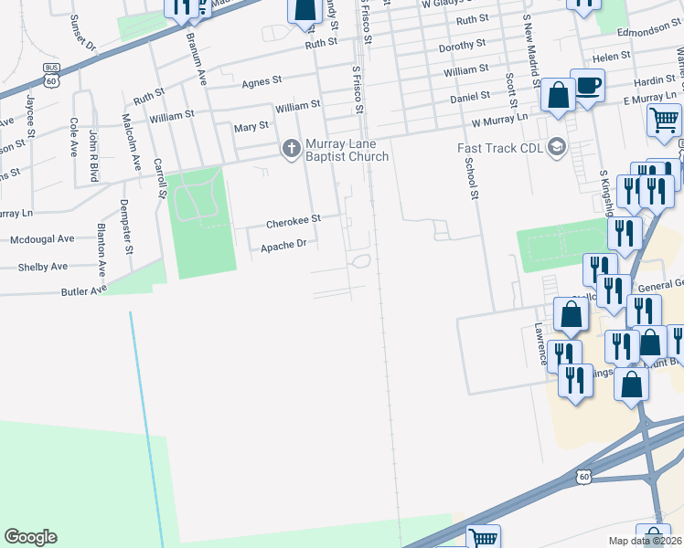 map of restaurants, bars, coffee shops, grocery stores, and more near 801 Cotton Ridge Drive in Sikeston