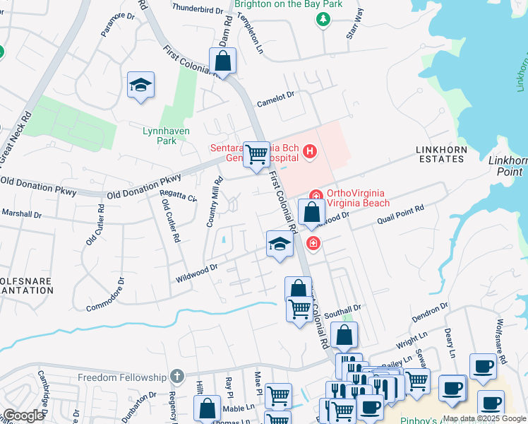 map of restaurants, bars, coffee shops, grocery stores, and more near 1812 Colonial Arms Circle in Virginia Beach
