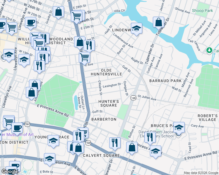 map of restaurants, bars, coffee shops, grocery stores, and more near 845 Lexington Street in Norfolk