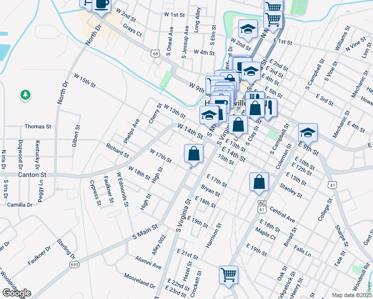map of restaurants, bars, coffee shops, grocery stores, and more near Bethel Street in Hopkinsville