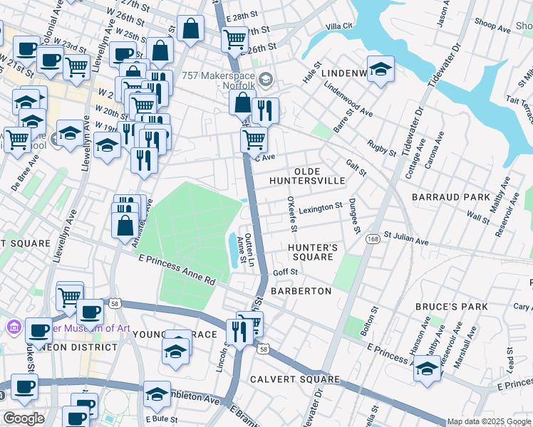 map of restaurants, bars, coffee shops, grocery stores, and more near 716 Lexington Street in Norfolk