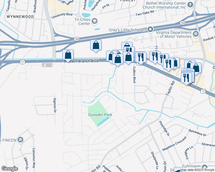 map of restaurants, bars, coffee shops, grocery stores, and more near 3532 Forest Haven Lane in Chesapeake