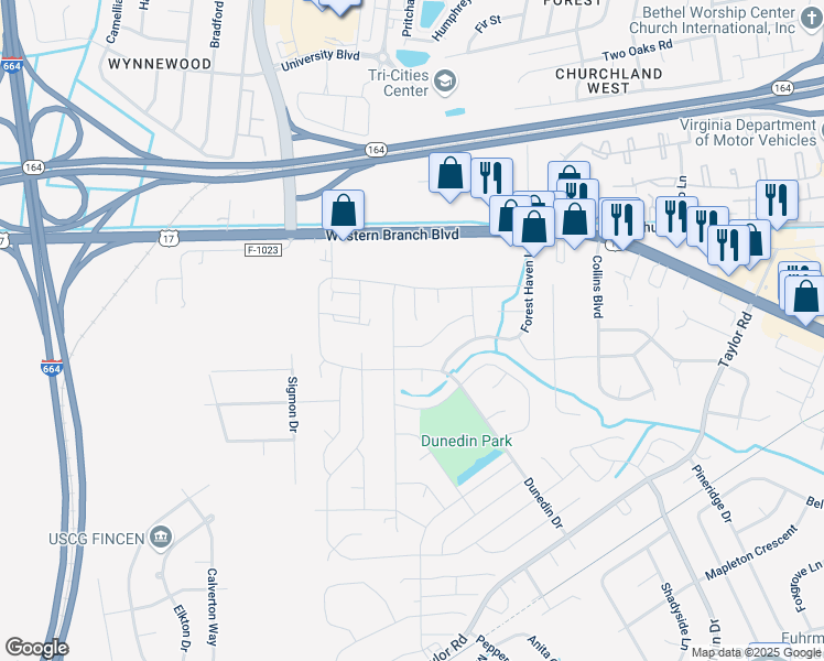map of restaurants, bars, coffee shops, grocery stores, and more near 3520 Avondale Court in Chesapeake