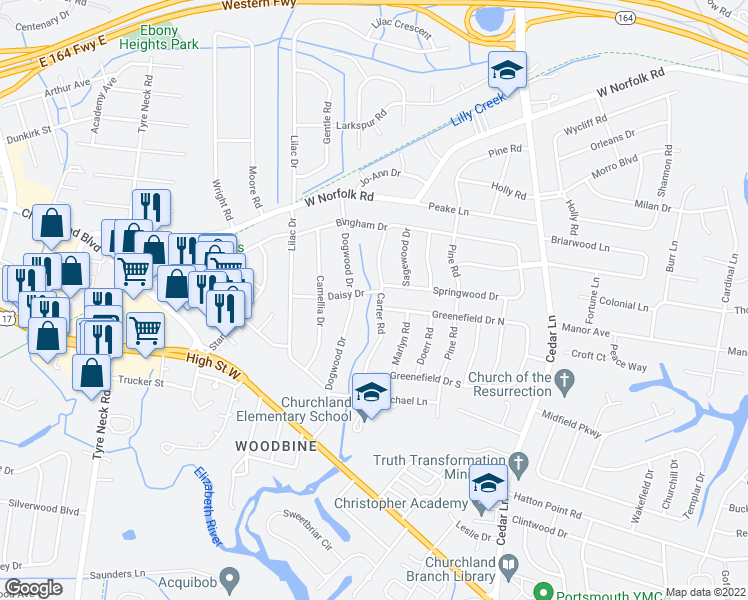 map of restaurants, bars, coffee shops, grocery stores, and more near 3536 Carter Road in Portsmouth