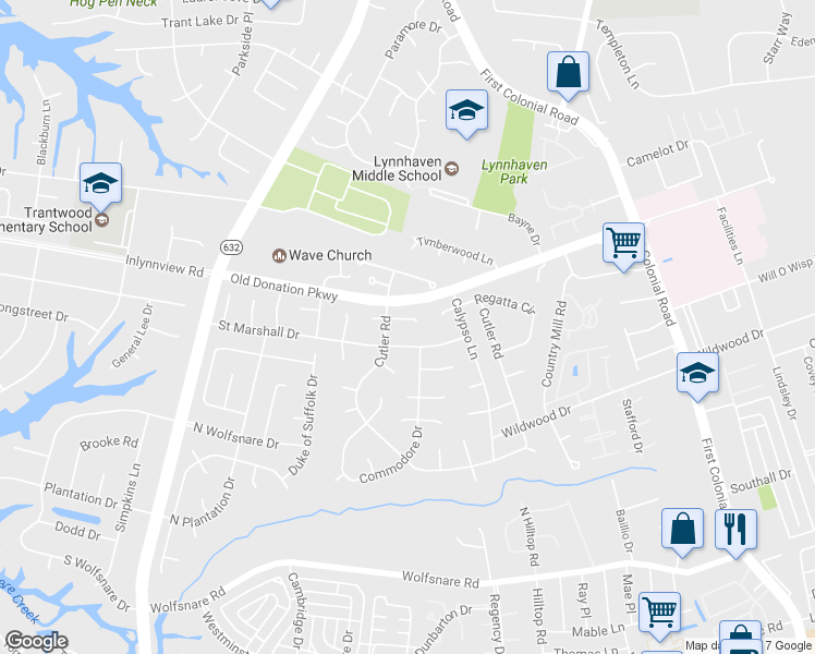 map of restaurants, bars, coffee shops, grocery stores, and more near 2109 Cutler Ridge in Virginia Beach