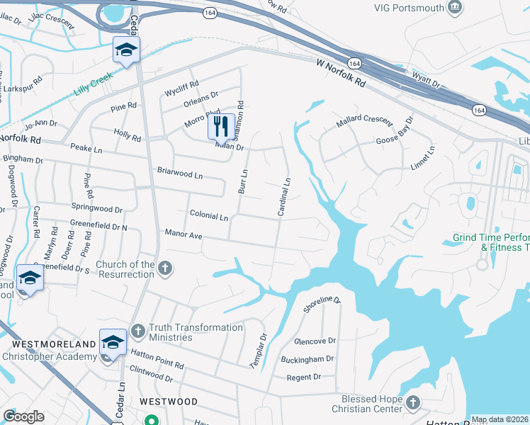 map of restaurants, bars, coffee shops, grocery stores, and more near 3705 Cardinal Lane in Portsmouth