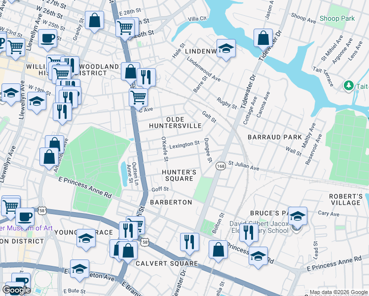 map of restaurants, bars, coffee shops, grocery stores, and more near 845 Lexington Street in Norfolk