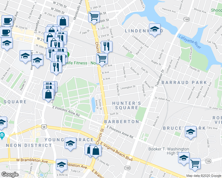 map of restaurants, bars, coffee shops, grocery stores, and more near 746 Lexington Street in Norfolk