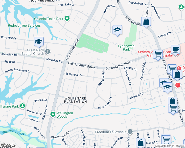 map of restaurants, bars, coffee shops, grocery stores, and more near 921 Tigertail Road in Virginia Beach