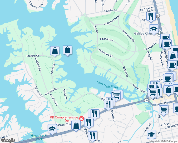 map of restaurants, bars, coffee shops, grocery stores, and more near 901 Holladay Point in Virginia Beach