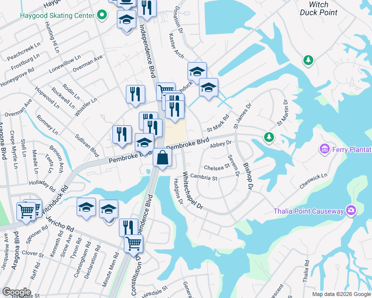 map of restaurants, bars, coffee shops, grocery stores, and more near 4504 Whitechapel Court in Virginia Beach