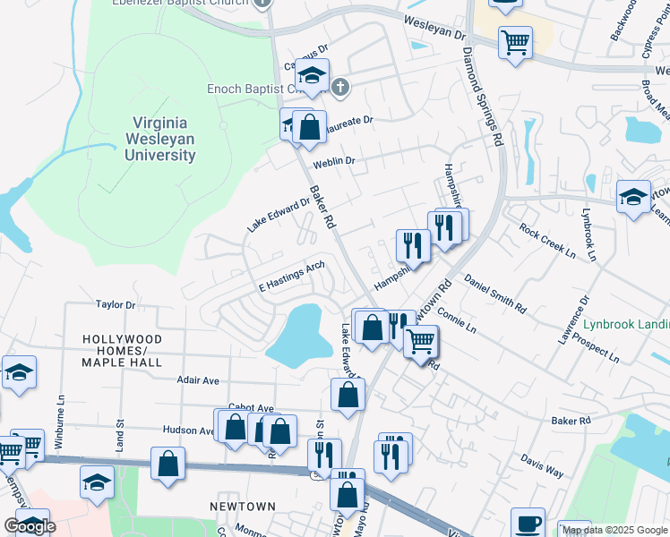 map of restaurants, bars, coffee shops, grocery stores, and more near 5741 East Hastings Arch in Virginia Beach