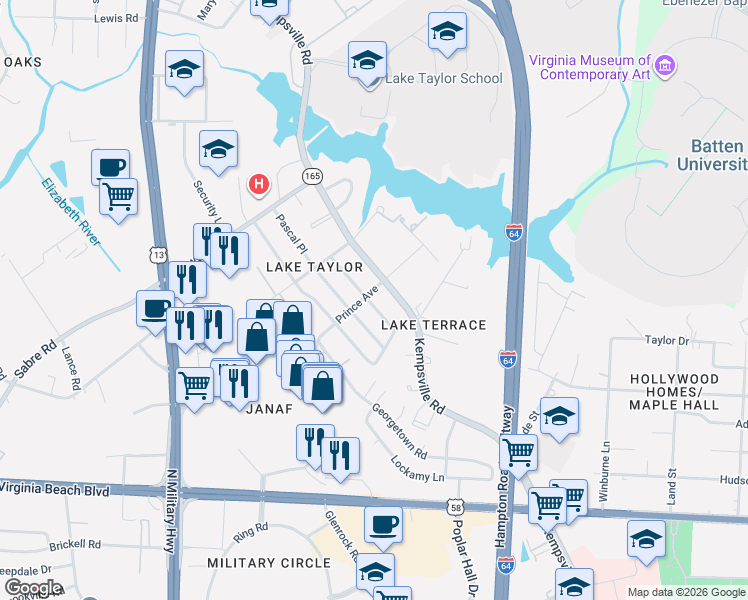 map of restaurants, bars, coffee shops, grocery stores, and more near 1198 Jarrett Road in Norfolk