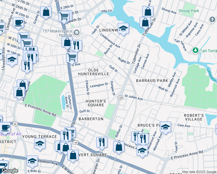 map of restaurants, bars, coffee shops, grocery stores, and more near 1525 Proescher Street in Norfolk