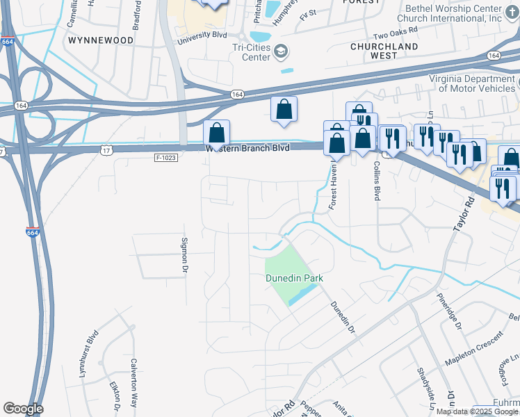 map of restaurants, bars, coffee shops, grocery stores, and more near 3520 Avondale Court in Chesapeake