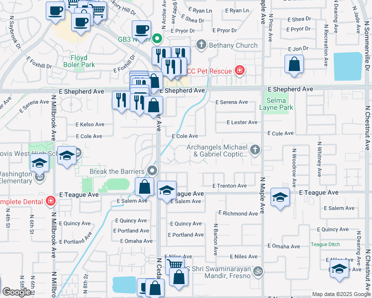 map of restaurants, bars, coffee shops, grocery stores, and more near 8668 North Cedar Avenue in Fresno