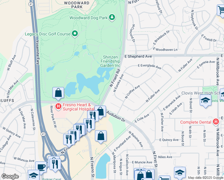 map of restaurants, bars, coffee shops, grocery stores, and more near 8687 North Eureka Avenue in Fresno