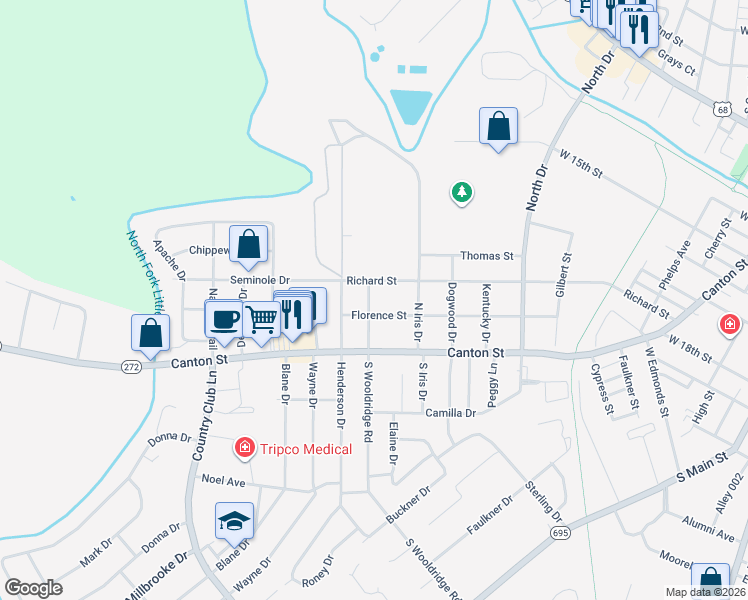 map of restaurants, bars, coffee shops, grocery stores, and more near 200-298 North Wooldridge Road in Hopkinsville