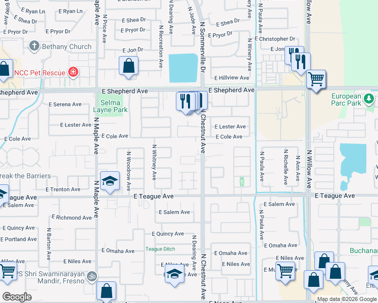 map of restaurants, bars, coffee shops, grocery stores, and more near 8681 North Chestnut Avenue in Clovis