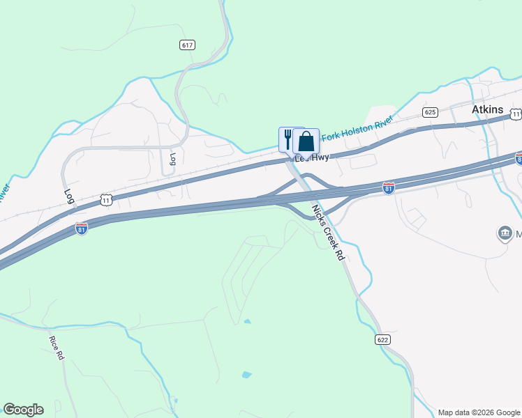 map of restaurants, bars, coffee shops, grocery stores, and more near Interstate 81 in Atkins