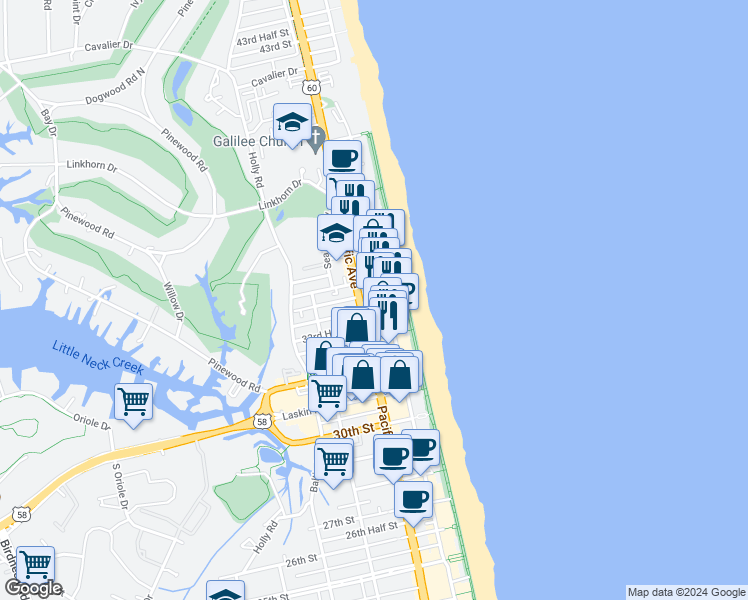 map of restaurants, bars, coffee shops, grocery stores, and more near 205 34th Street in Virginia Beach
