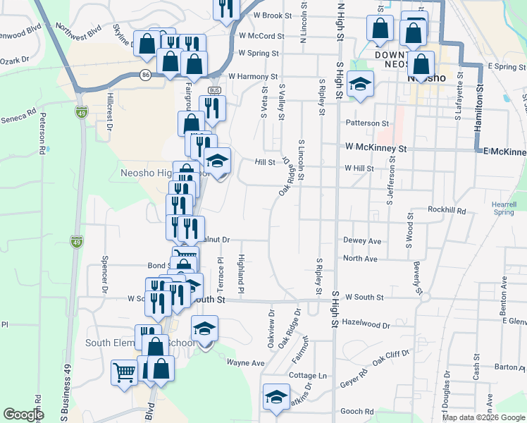 map of restaurants, bars, coffee shops, grocery stores, and more near 615 Highland Place in Neosho