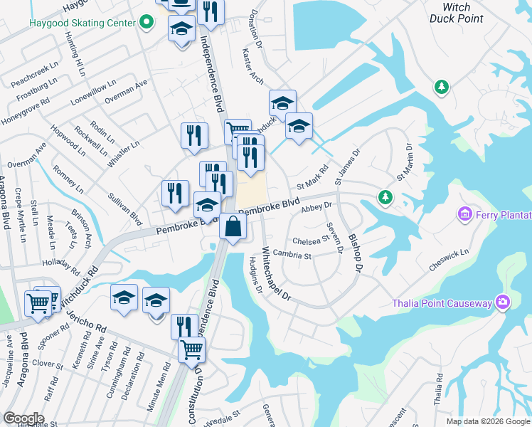 map of restaurants, bars, coffee shops, grocery stores, and more near 4504 Whitechapel Court in Virginia Beach