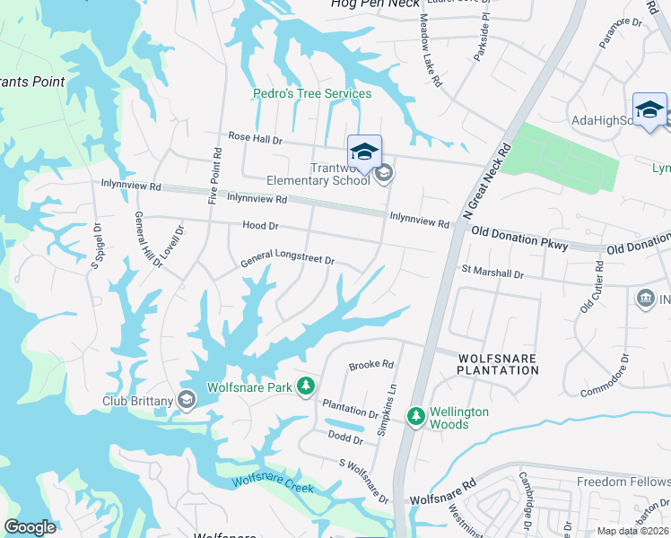 map of restaurants, bars, coffee shops, grocery stores, and more near 948 General Stuart Drive in Virginia Beach