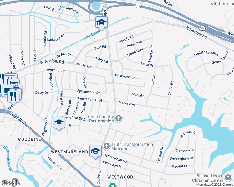map of restaurants, bars, coffee shops, grocery stores, and more near 3609 Cedar Lane in Portsmouth