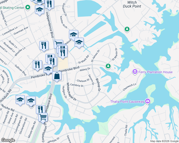 map of restaurants, bars, coffee shops, grocery stores, and more near 732 Severn Drive in Virginia Beach