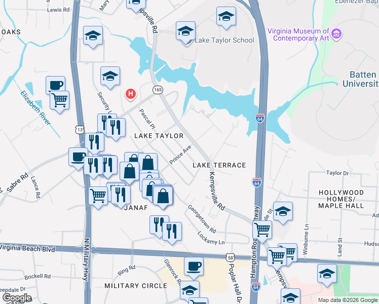 map of restaurants, bars, coffee shops, grocery stores, and more near 1198 Jarrett Road in Norfolk