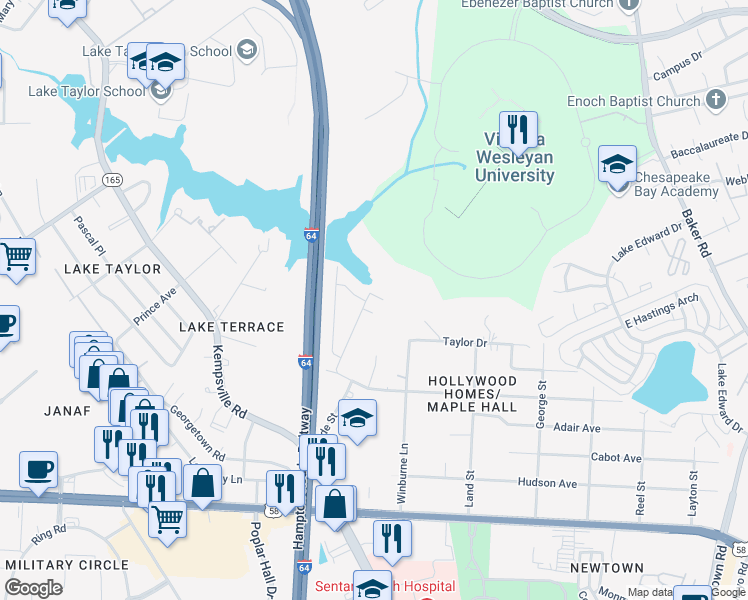 map of restaurants, bars, coffee shops, grocery stores, and more near 1264 Whaley Avenue in Norfolk
